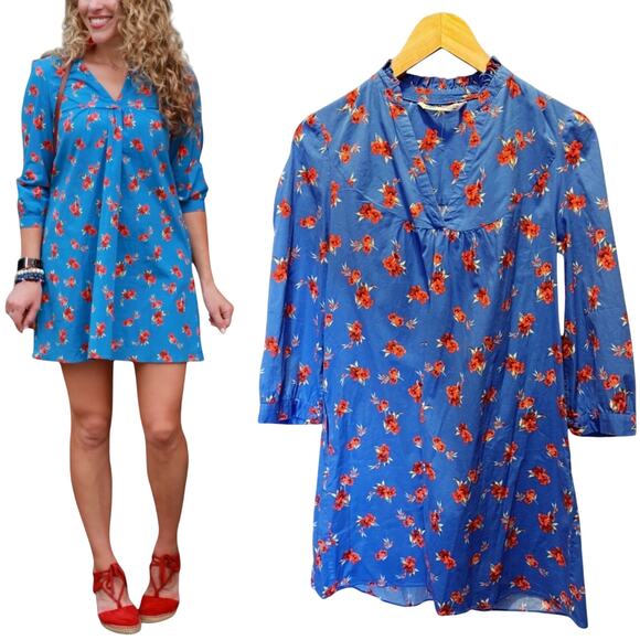 ZARA Emma Mini Tunic Dress Floral V-Neck 3/4 Sleeves Ruffled Neck Cotton Medium - Picture 1 of 10